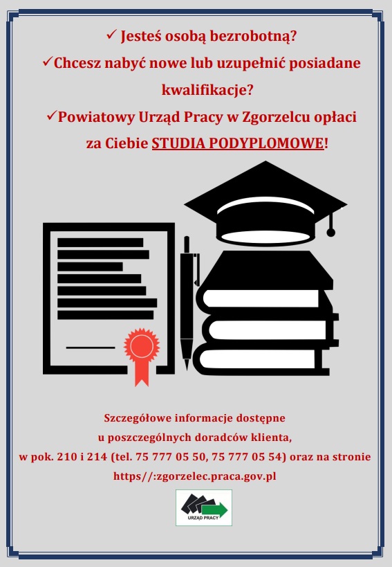 Plakat z informacją o studiach podyplomowych dla osób bezrobotnych