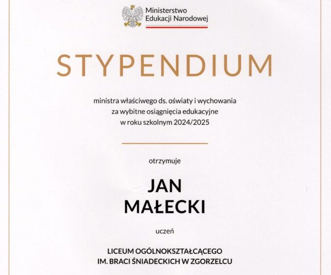 Wybitne osiągnięcia, prestiżowe wyróżnienie – Jan Małecki stypendystą ministra